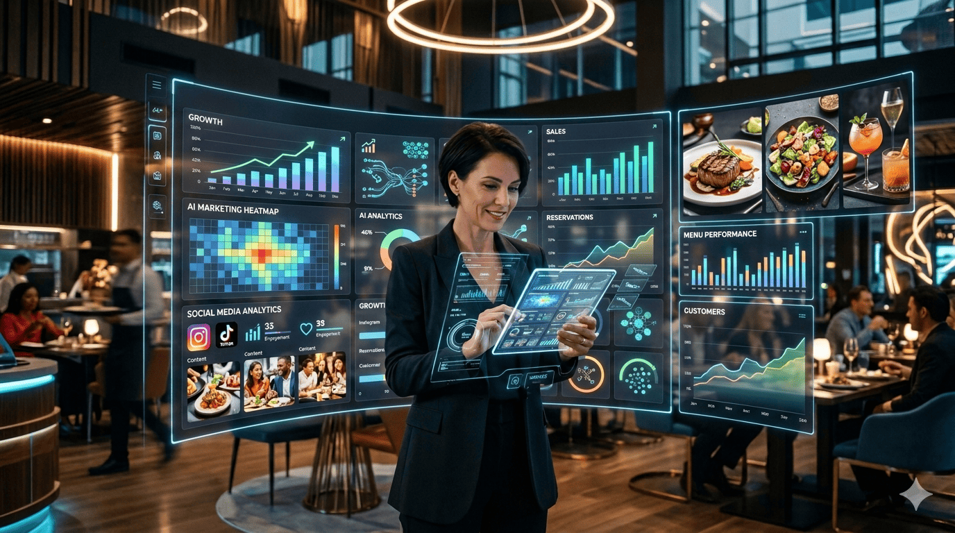 Restaurant interior with modern marketing visuals