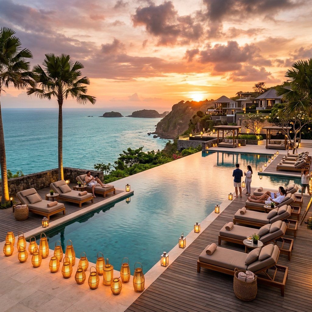 Luxury resort marketing pool view at sunset