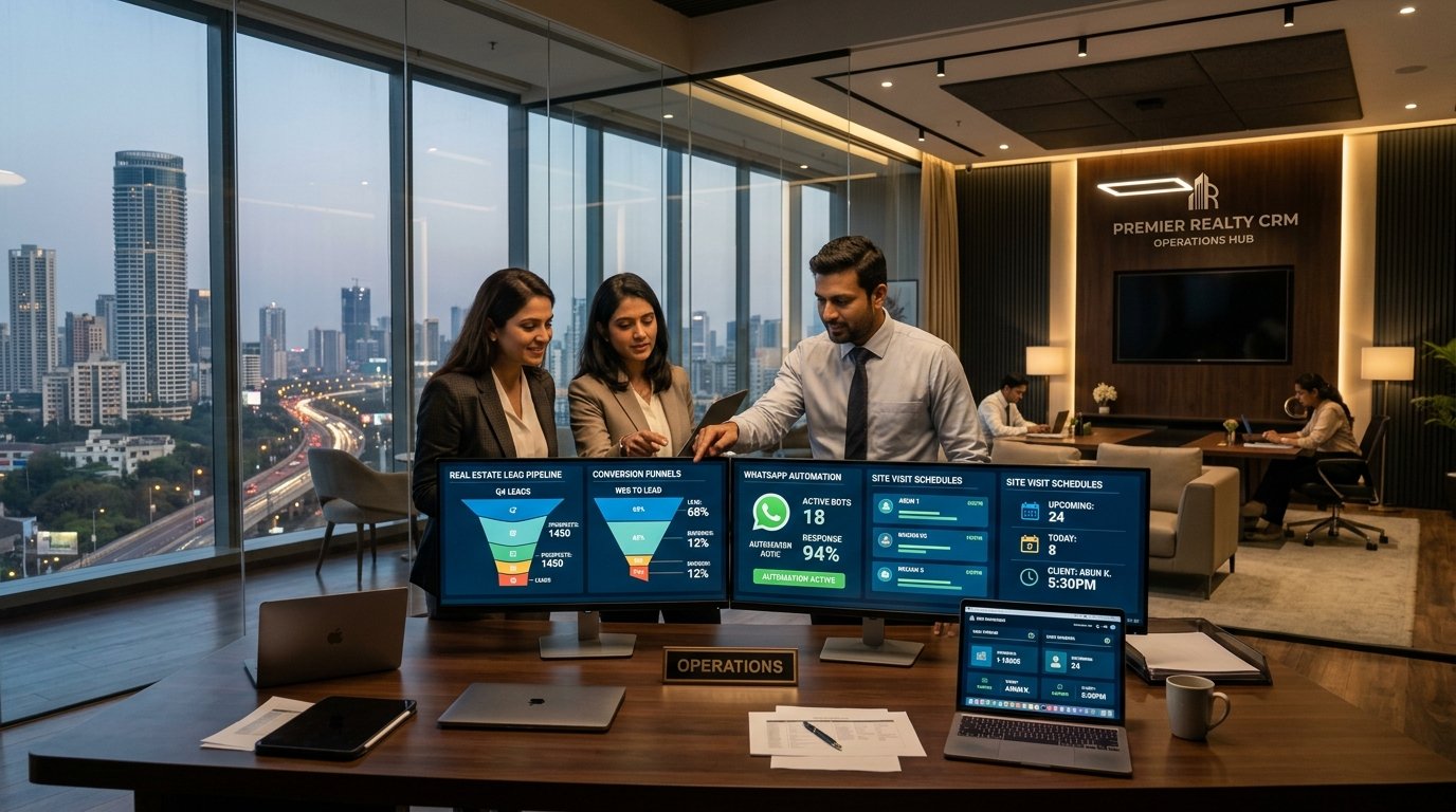 Real estate CRM lead management command center and WhatsApp automation dashboard in Mumbai