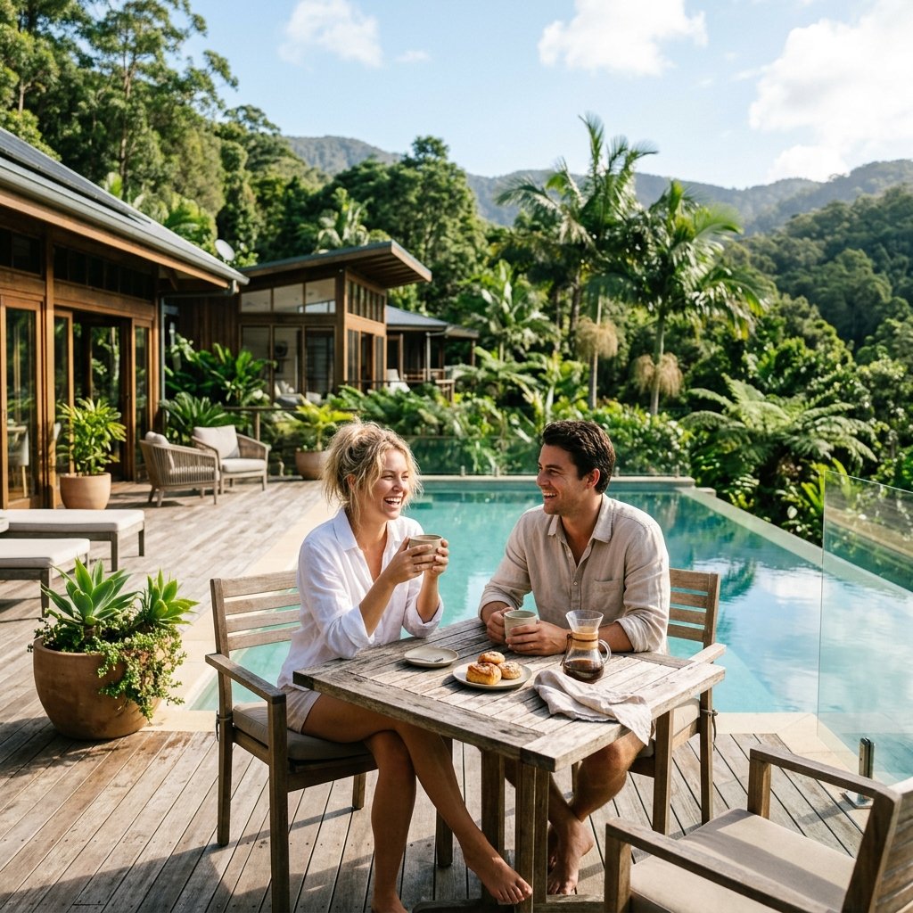 Couple enjoying breakfast at resort deck on weekend getaway